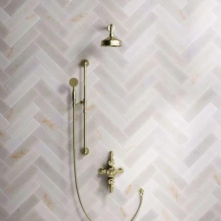 Linton Dual Outlet Shower Kit - Semi-Exposed Valve - 6 inch Rose - Metal Lever - Handshower Slider-Rail - Timeless Brass