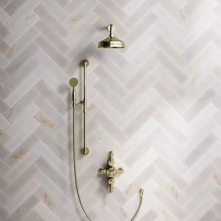 Linton Dual Outlet Shower Kit - Semi-Exposed Valve - 8 inch Rose - Metal Lever - Handshower Slider-Rail - Timeless Brass