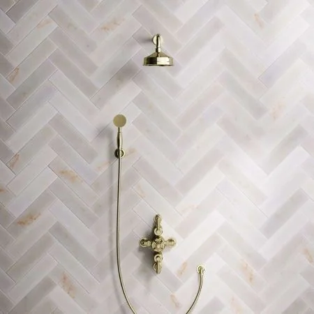 Linton Dual Outlet Shower Kit - Semi-Exposed Valve - 6 inch Rose - Metal Lever - Handshower Hook - Timeless Brass