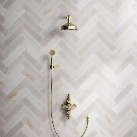 Linton Dual Outlet Shower Kit - Semi-Exposed Valve - 8 inch Rose - Metal Lever - Handshower Hook - Timeless Brass