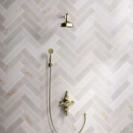 Linton Dual Outlet Shower Kit - Semi-Exposed Valve - 6 inch Rose - 500mm Shower Arm - Metal Lever - Handshower Hook - Timeless Brass