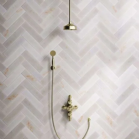 Linton Dual Outlet Shower Kit - Semi-Exposed Valve - 6 inch Rose - Metal Lever - Handshower Hook - Ceiling Mounted Rose - Timeless Brass