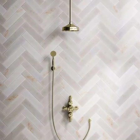Linton Dual Outlet Shower Kit - Semi-Exposed Valve - 8 inch Rose - Metal Lever - Handshower Hook - Ceiling Mounted Rose - Timeless Brass