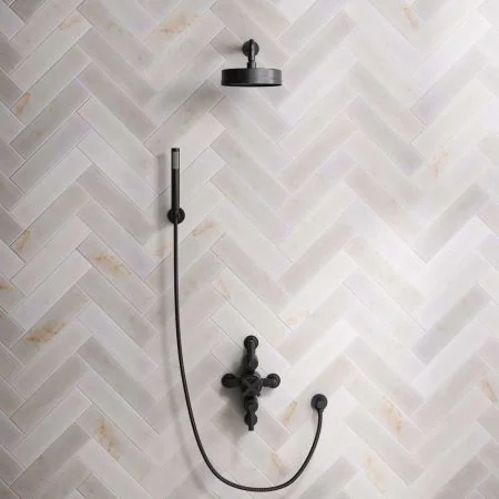 Bayor Dual Outlet Semi Exposed Shower with Handshower Hook, 300mm Wall Arm, 8" Rose & Metal Levers in Matt Black