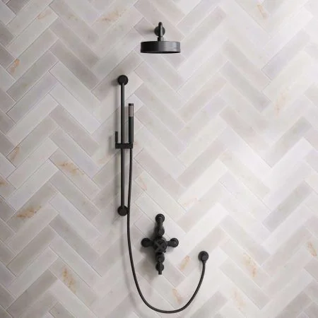 Bayor Dual Outlet Semi Exposed Shower with Slider Rail, 500mm Wall Arm, 8" Rose & Metal Levers in Matt Black