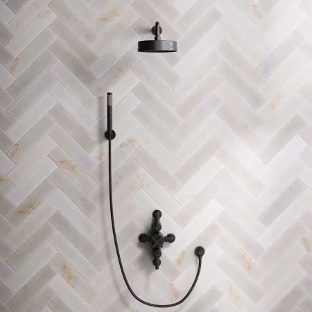 Bayor Dual Outlet Semi Exposed Shower with Handshower Hook, 500mm Wall Arm, 8" Rose & Metal Levers in Matt Black