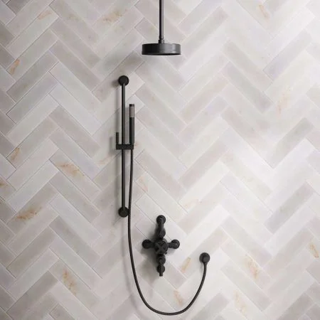 Bayor Dual Outlet Semi Exposed Shower with Slider Rail, 210mm Ceiling Arm, 8" Rose & Metal Levers in Matt Black