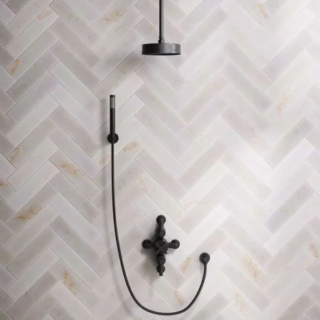 Bayor Dual Outlet Semi Exposed Shower with Handshower Hook, 210mm Ceiling Arm, 8" Rose & Metal Levers in Matt Black