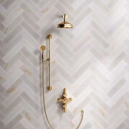 Linton Dual Outlet Shower Kit - Semi-Exposed Valve - 8 inch Rose - Metal Lever - Handshower Slider-Rail - Living Brass