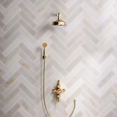 Linton Dual Outlet Shower Kit - Semi-Exposed Valve - 8 inch Rose - Metal Lever - Handshower Hook - Living Brass