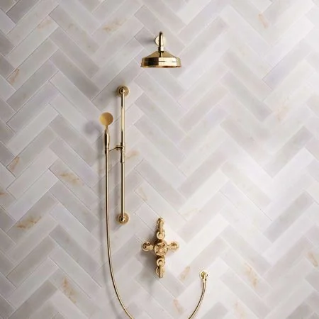 Linton Dual Outlet Shower Kit - Semi-Exposed Valve - 8 inch Rose - 500mm Shower Arm - Metal Lever - Handshower Slider-Rail - Living Brass