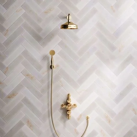Linton Dual Outlet Shower Kit - Semi-Exposed Valve - 8 inch Rose - 500mm Shower Arm - Metal Lever - Handshower Hook - Living Brass