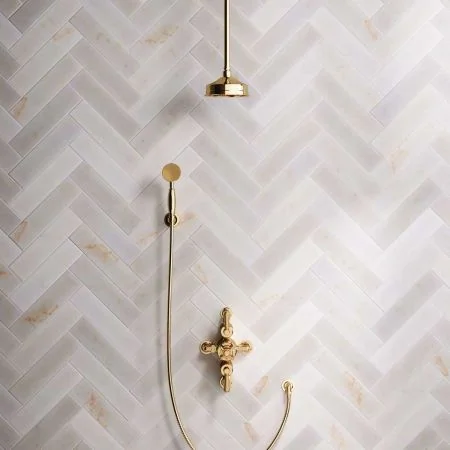 Linton Dual Outlet Shower Kit - Semi-Exposed Valve - 6 inch Rose - Metal Lever - Handshower Hook - Ceiling Mounted Rose - Living Brass
