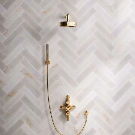Bayor Dual Outlet Semi Exposed Shower with Handshower Hook, 500mm Wall Arm, 8" Rose & Metal Levers in Living Brass
