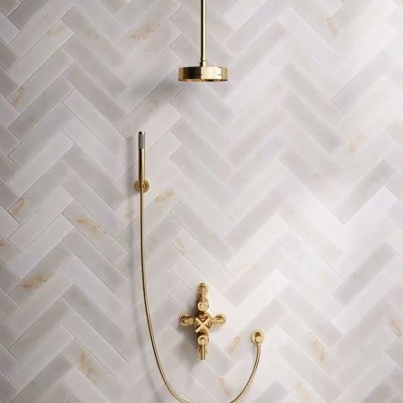 Bayor Dual Outlet Semi Exposed Shower with Handshower Hook, 210mm Ceiling Arm, 8" Rose & Metal Levers in Living Brass