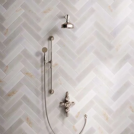 Linton Dual Outlet Semi Exposed Shower with Slider Rail, 300mm Wall Arm, 6" Rose & Metal Levers in Polished Nickel