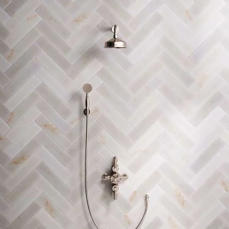Linton Dual Outlet Semi Exposed Shower with Handshower Hook, 300mm Wall Arm, 6" Rose & White Levers in Polished Nickel
