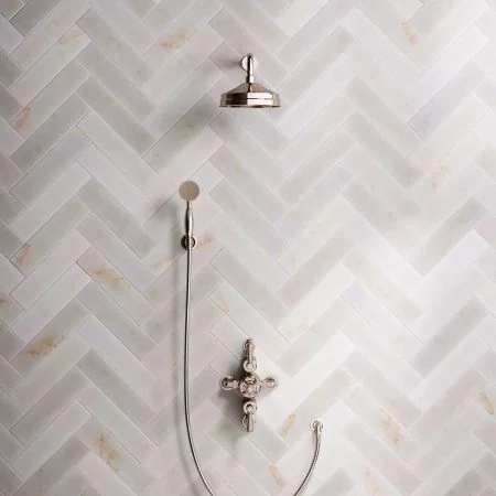 Linton Dual Outlet Semi Exposed Shower with Handshower Hook, 300mm Wall Arm, 8" Rose & White Levers in Polished Nickel