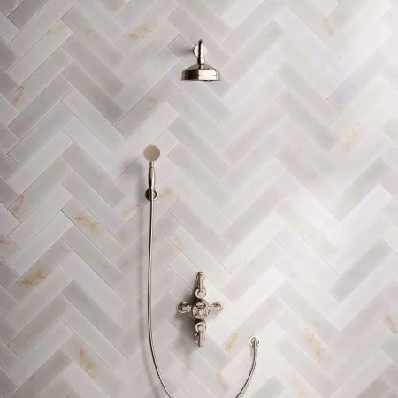 Linton Dual Outlet Semi Exposed Shower with Handshower Hook, 500mm Wall Arm, 6" Rose & White Levers in Polished Nickel