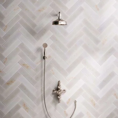 Linton Dual Outlet Semi Exposed Shower with Handshower Hook, 500mm Wall Arm, 8" Rose & White Levers in Polished Nickel