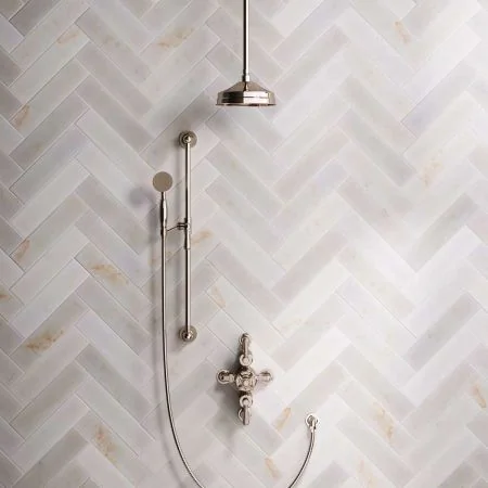 Linton Dual Outlet Semi Exposed Shower with Slider Rail, 210mm Ceiling Arm, 8" Rose & Metal Levers in Polished Nickel