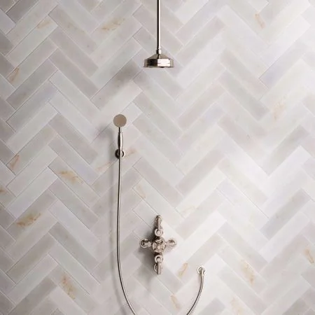 Linton Dual Outlet Semi Exposed Shower with Handshower Hook, 210mm Ceiling Arm, 6" Rose & White Levers in Polished Nickel
