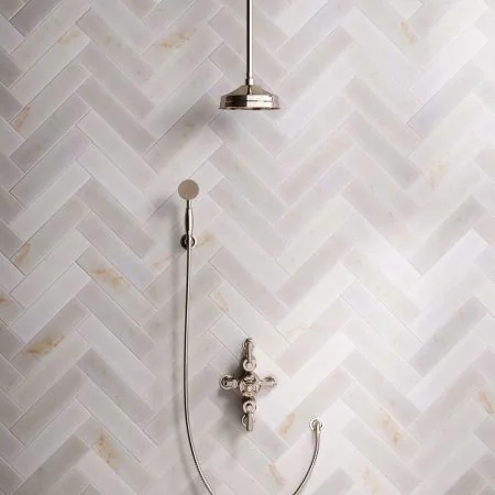 Linton Dual Outlet Semi Exposed Shower with Handshower Hook, 210mm Ceiling Arm, 8" Rose & White Levers in Polished Nickel
