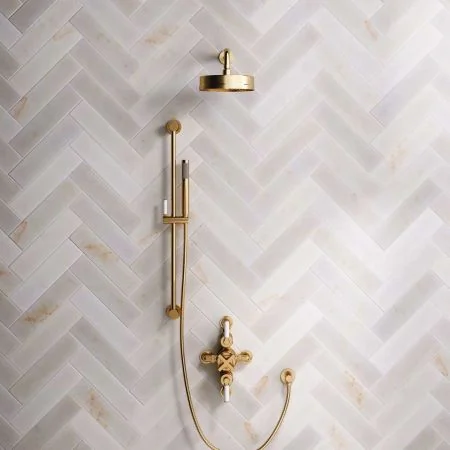 Bayor Dual Outlet Semi Exposed Shower with Slider Rail, 300mm Wall Arm, 8" Rose & White Levers in Brushed Brass