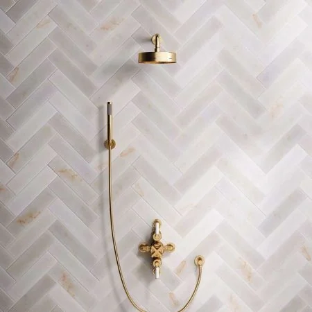 Bayor Dual Outlet Semi Exposed Shower with Handshower Hook, 300mm Wall Arm, 8" Rose & White Levers in Brushed Brass