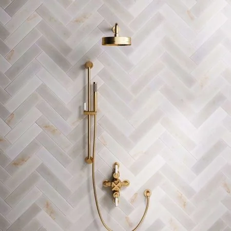 Bayor Dual Outlet Semi Exposed Shower with Slider Rail, 500mm Wall Arm, 8" Rose & White Levers in Brushed Brass