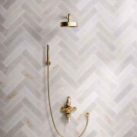 Bayor Dual Outlet Semi Exposed Shower with Handshower Hook, 500mm Wall Arm, 8" Rose & White Levers in Brushed Brass