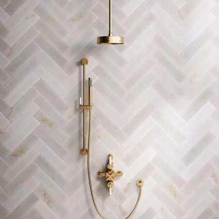 Bayor Dual Outlet Semi Exposed Shower with Slider Rail, with 210mm Ceiling Arm, 8" Rose & White Levers in Brushed Brass