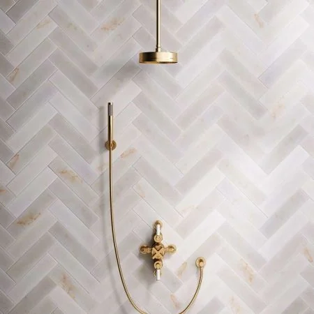 Bayor Dual Outlet Semi Exposed Shower with Handshower Hook, 210mm Ceiling Arm, 8" Rose & White Levers in Brushed Brass