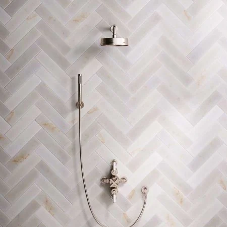 Bayor Dual Outlet Semi Exposed Shower with Handshower Hook, 300mm Wall Arm, 8" Rose & White Levers in Brushed Nickel