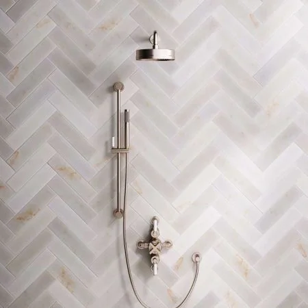 Bayor Dual Outlet Semi Exposed Shower with Slider Rail, 500mm Wall Arm, 8" Rose & White Levers in Brushed Nickel