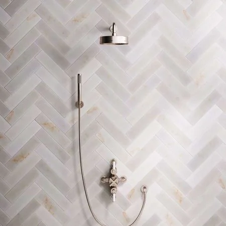Bayor Dual Outlet Semi Exposed Shower with Handshower Hook, 500mm Wall Arm, 8" Rose & White Levers in Brushed Nickel