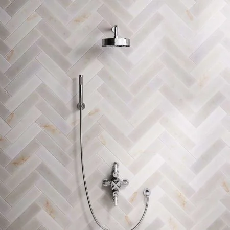 Bayor Dual Outlet Semi Exposed Shower with Handshower Hook, 300mm Wall Arm, 8" Rose & White Levers in Chrome