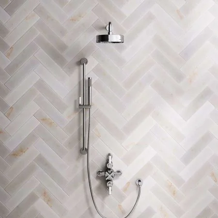 Bayor Dual Outlet Semi Exposed Shower with Slider Rail, 500mm Wall Arm, 8" Rose & White Levers in Chrome
