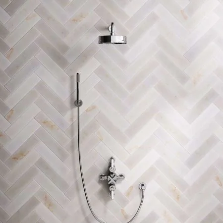 Bayor Dual Outlet Semi Exposed Shower with Handshower Hook, 500mm Wall Arm, 8" Rose & White Levers in Chrome