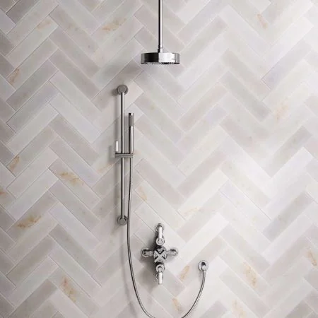 Bayor Dual Outlet Semi Exposed Shower with Slider Rail, with 210mm Ceiling Arm, 8" Rose & White Levers in Chrome