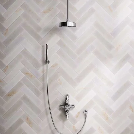 Bayor Dual Outlet Semi Exposed Shower with Handshower Hook, 210mm Ceiling Arm, 8" Rose & White Levers in Chrome