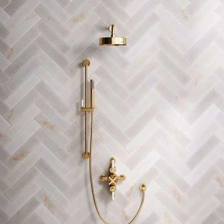 Bayor Dual Outlet Semi Exposed Shower with Slider Rail, 300mm Wall Arm, 8" Rose & White Levers in Living Brass