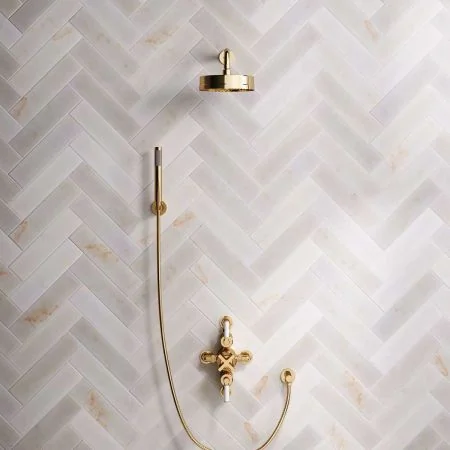 Bayor Dual Outlet Semi Exposed Shower with Handshower Hook, 300mm Wall Arm, 8" Rose & White Levers in Living Brass