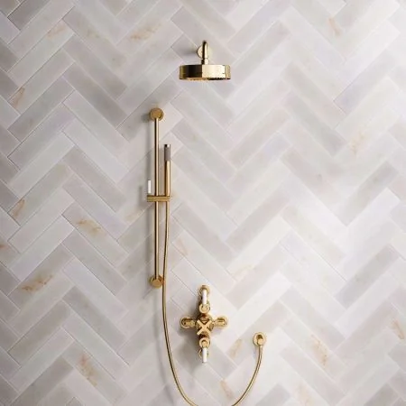 Bayor Dual Outlet Semi Exposed Shower with Slider Rail, 500mm Wall Arm, 8" Rose & White Levers in Living Brass