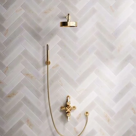 Bayor Dual Outlet Semi Exposed Shower with Handshower Hook, 500mm Wall Arm, 8" Rose & White Levers in Living Brass