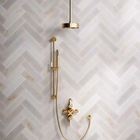 Bayor Dual Outlet Semi Exposed Shower with Slider Rail, with 210mm Ceiling Arm, 8" Rose & White Levers in Living Brass