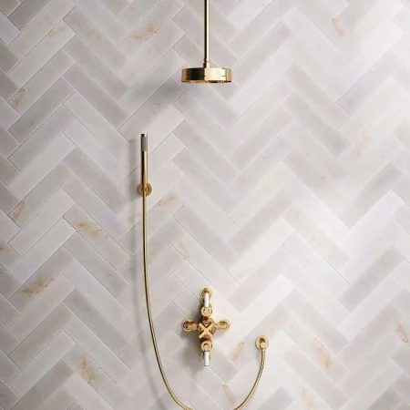 Bayor Dual Outlet Semi Exposed Shower with Handshower Hook, 210mm Ceiling Arm, 8" Rose & White Levers in Living Brass