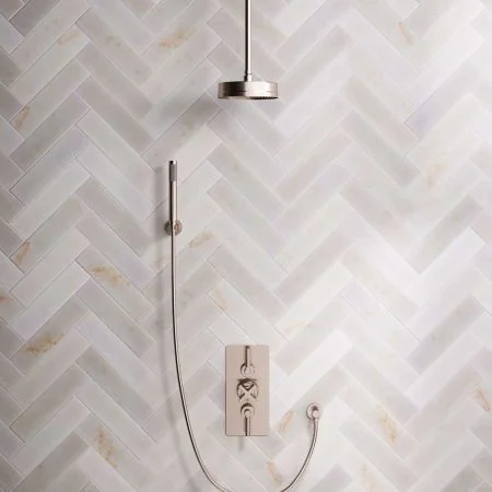 Bayor Dual Outlet Concealed Shower with Handshower Hook, 210mm Ceiling Arm, 8" Rose & Metal Levers in Brushed Nickel