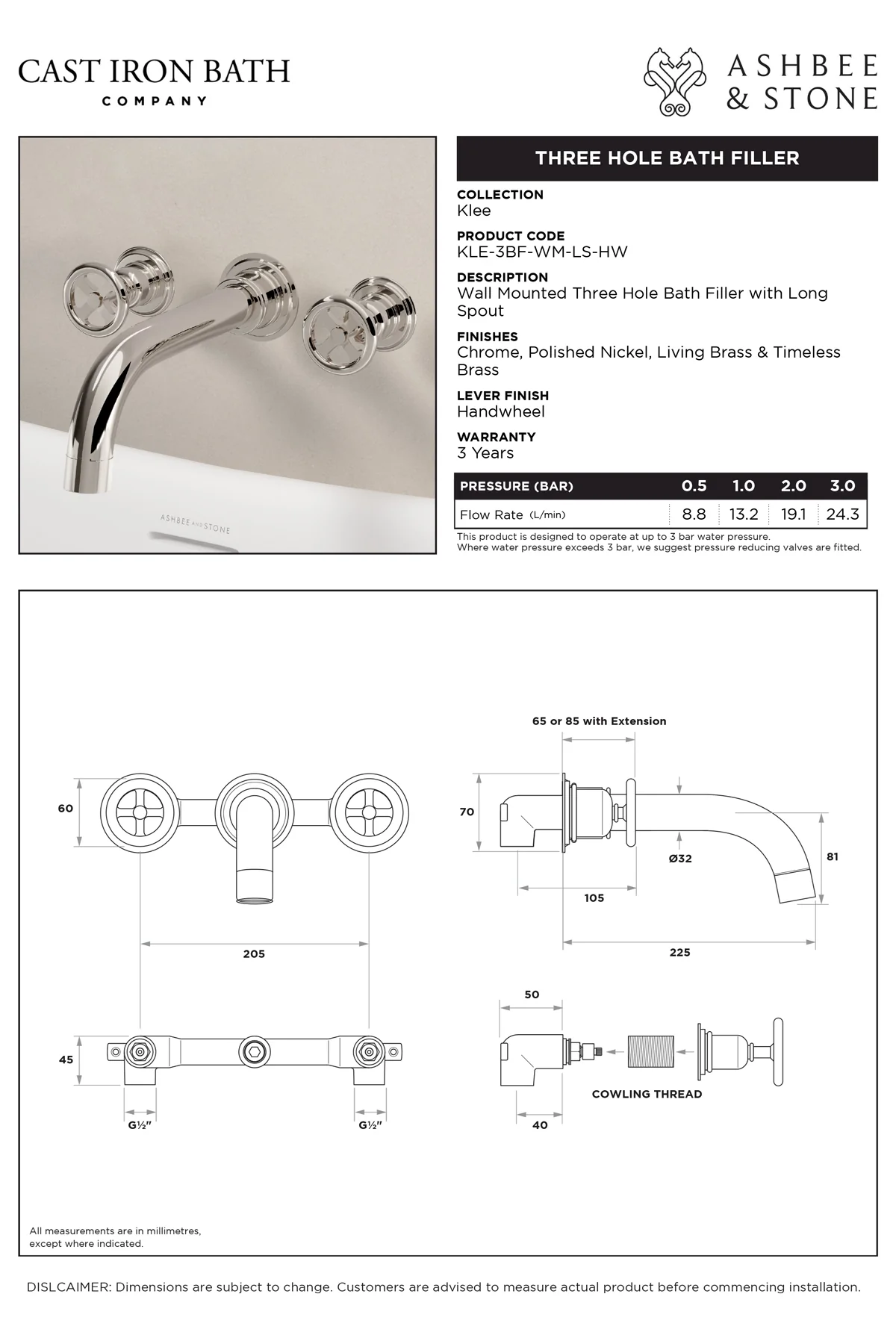View Klee Wall Mounted Three Hole Bath Filler specification