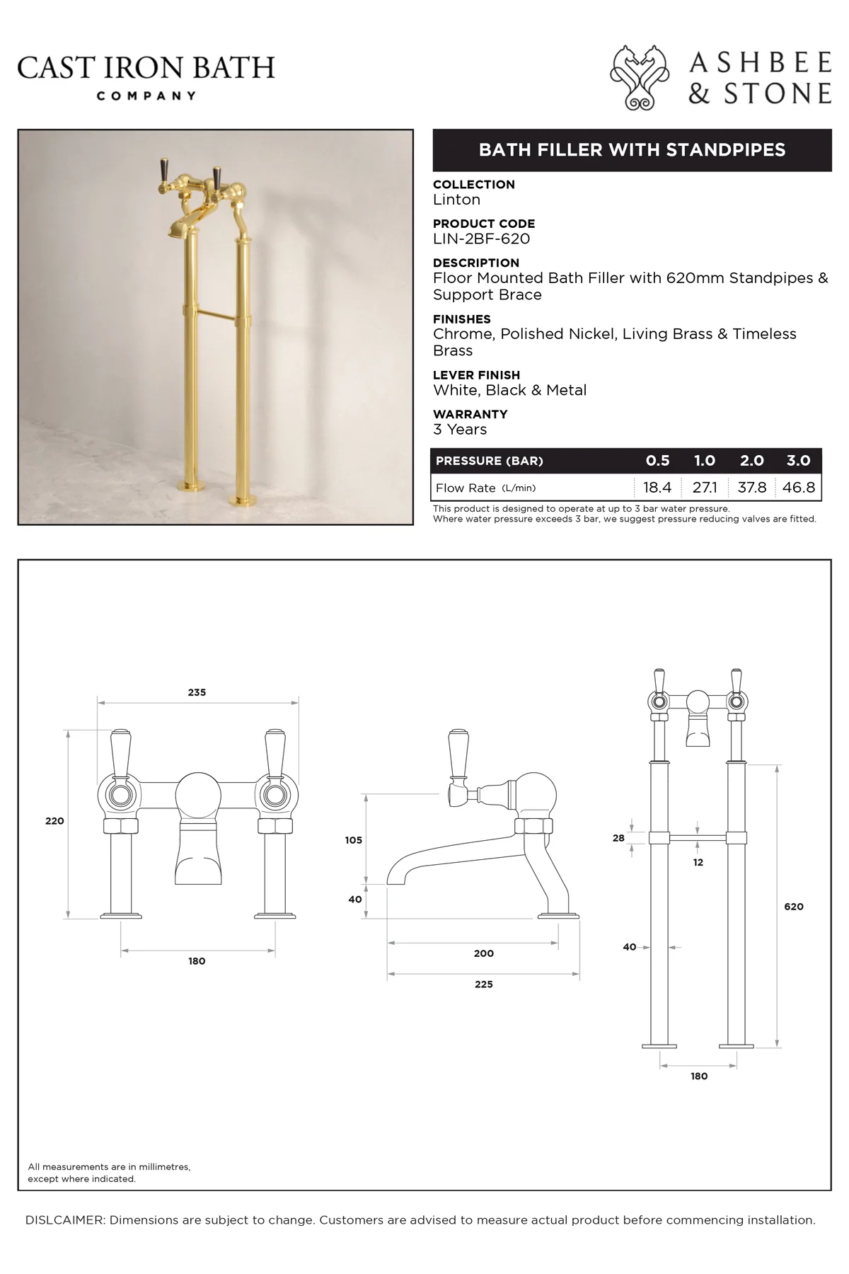 View Linton Bath Filler with 620mm Standpipes specification}}